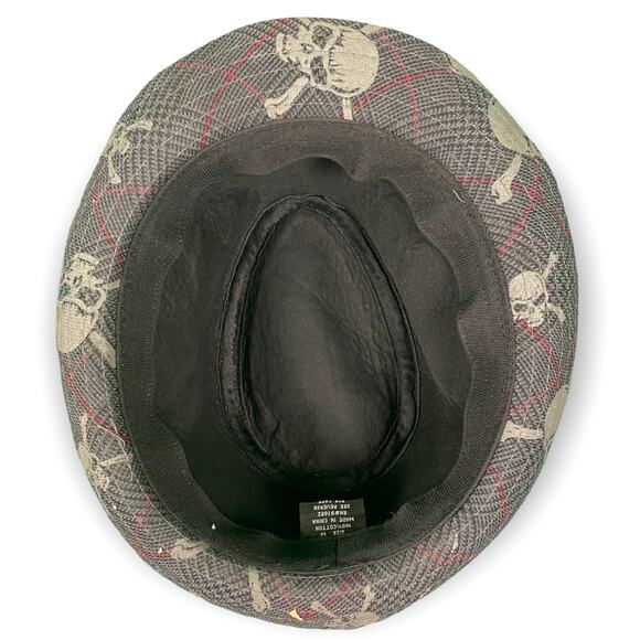 Scull and Crossbones Fedora Hat Gray Red Medium Goth - Picture 2 of 8
